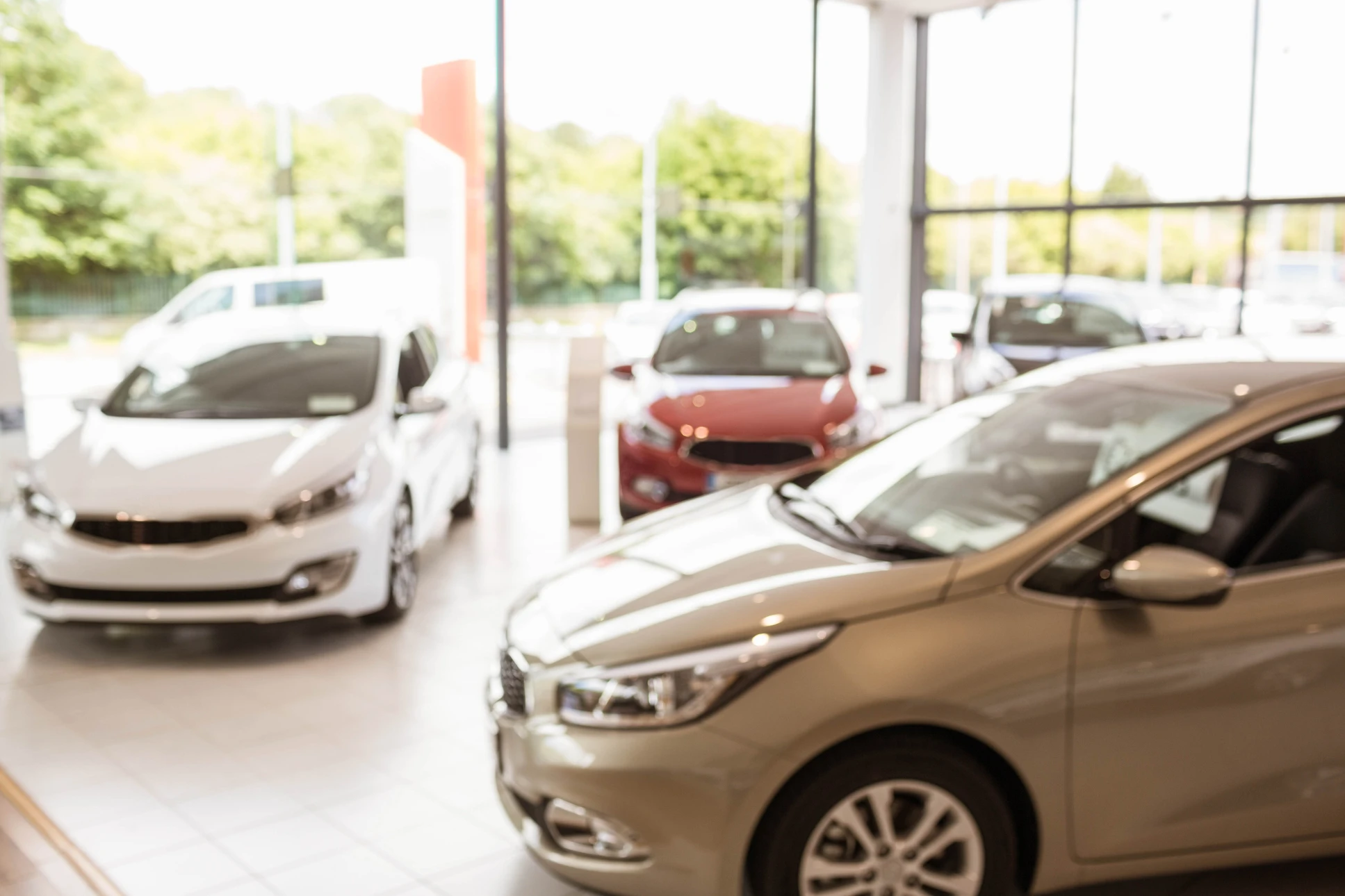 Intérieur d'un showroom automobile avec plusieurs véhicules exposés sur sol carrelé blanc brillant