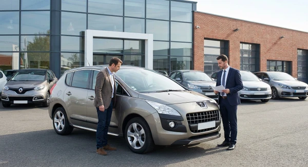 Photographie professionnelle en environnement ext&eacute;rieur d'une concession automobile montrant un v&eacute;hicule d'occasion stationn&eacute; en premier plan, avec un client et un vendeur en tenue professionnelle examinant le v&eacute;hicule de mani&egrave;re approfondie - client regardant les d&eacute;tails de la carrosserie, vendor consultant des papiers ou effectuant une inspection visuelle. Le v&eacute;hicule doit &ecirc;tre clairement visible et en bon &eacute;tat, illustrant le processus d'&eacute;valuation lors d'une reprise de voiture.