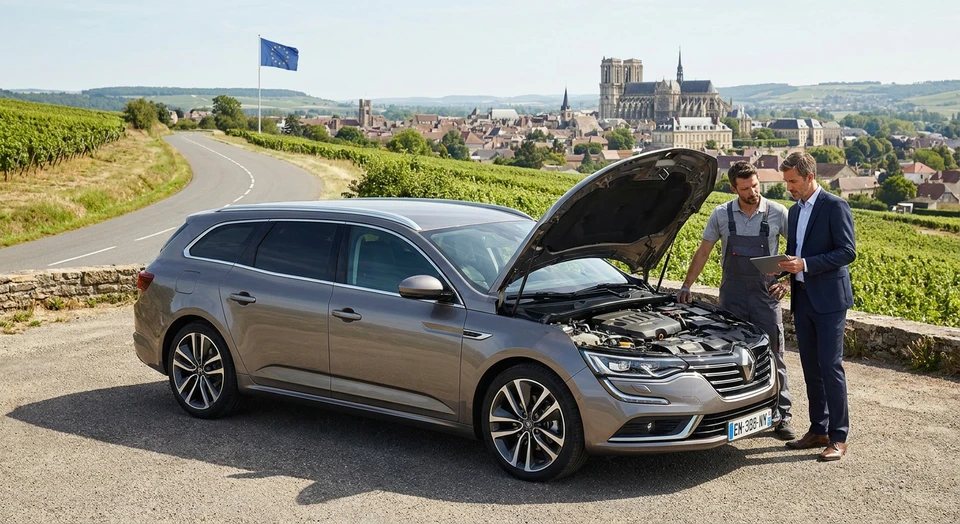 Photographie d'un véhicule automobile neuf ou récent, vu de trois-quarts avant, stationné devant un paysage européen reconnaissable (par exemple, monument européen discret ou route bien entretenue traversant plusieurs pays). Le véhicule doit être présenté de manière professionnelle et fiable, éventuellement avec un mécanicien ou un agent commercial vérifiant un point technique, illustrant la notion de sécurité mécanique et de couverture de garantie étendue sans cadre touristique ou émotionnel.